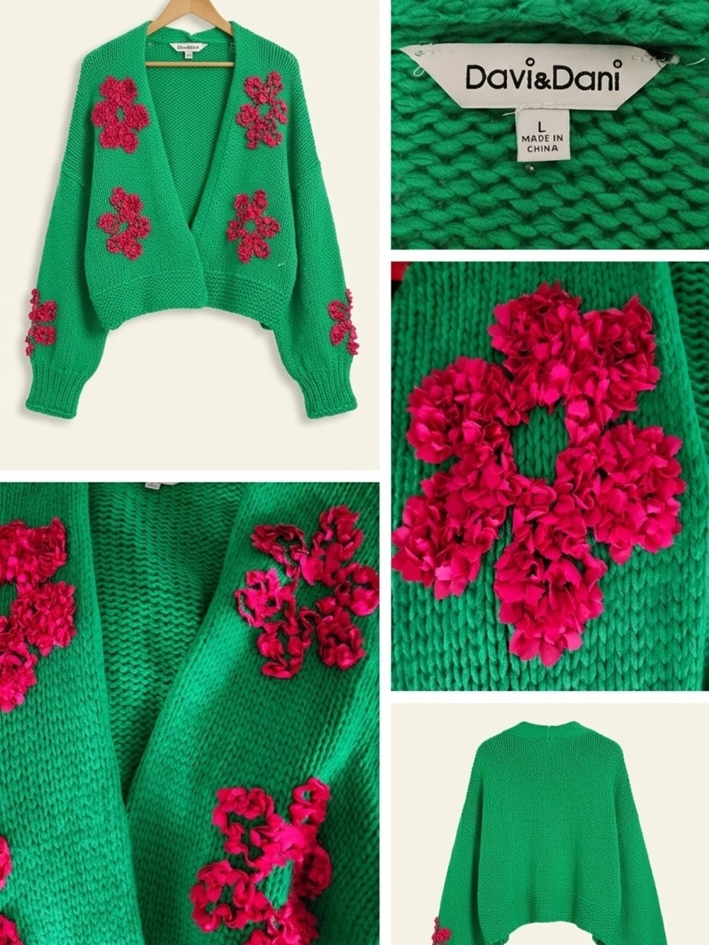 Davi & Dani Green Oversized Cardigan with Pink Floral Appliqués